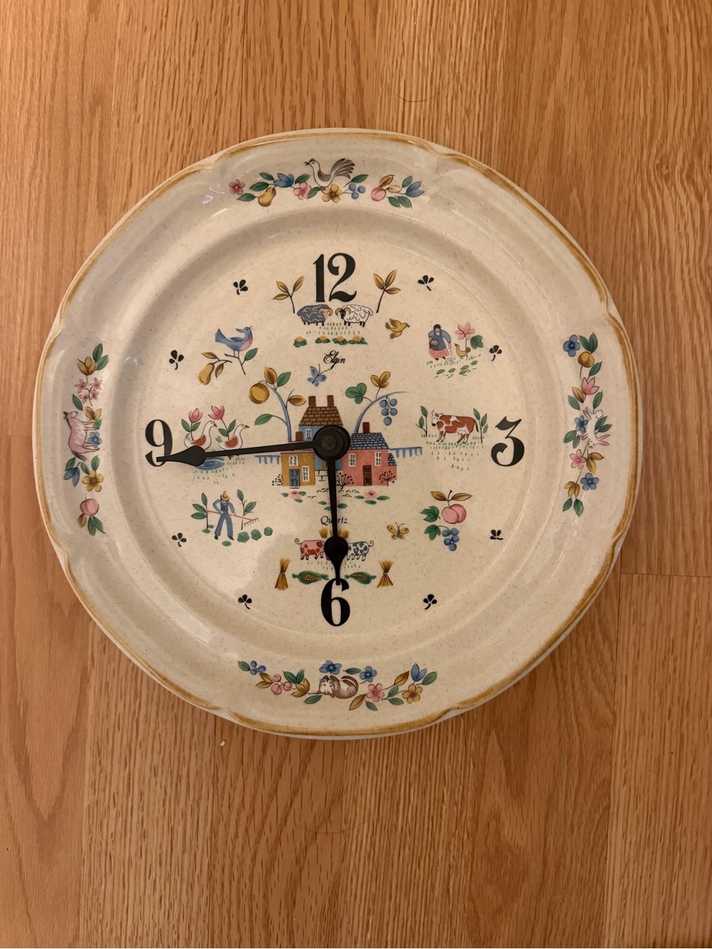 Cream Folk Art Farmhouse Wall Clock with Multicolor Accents